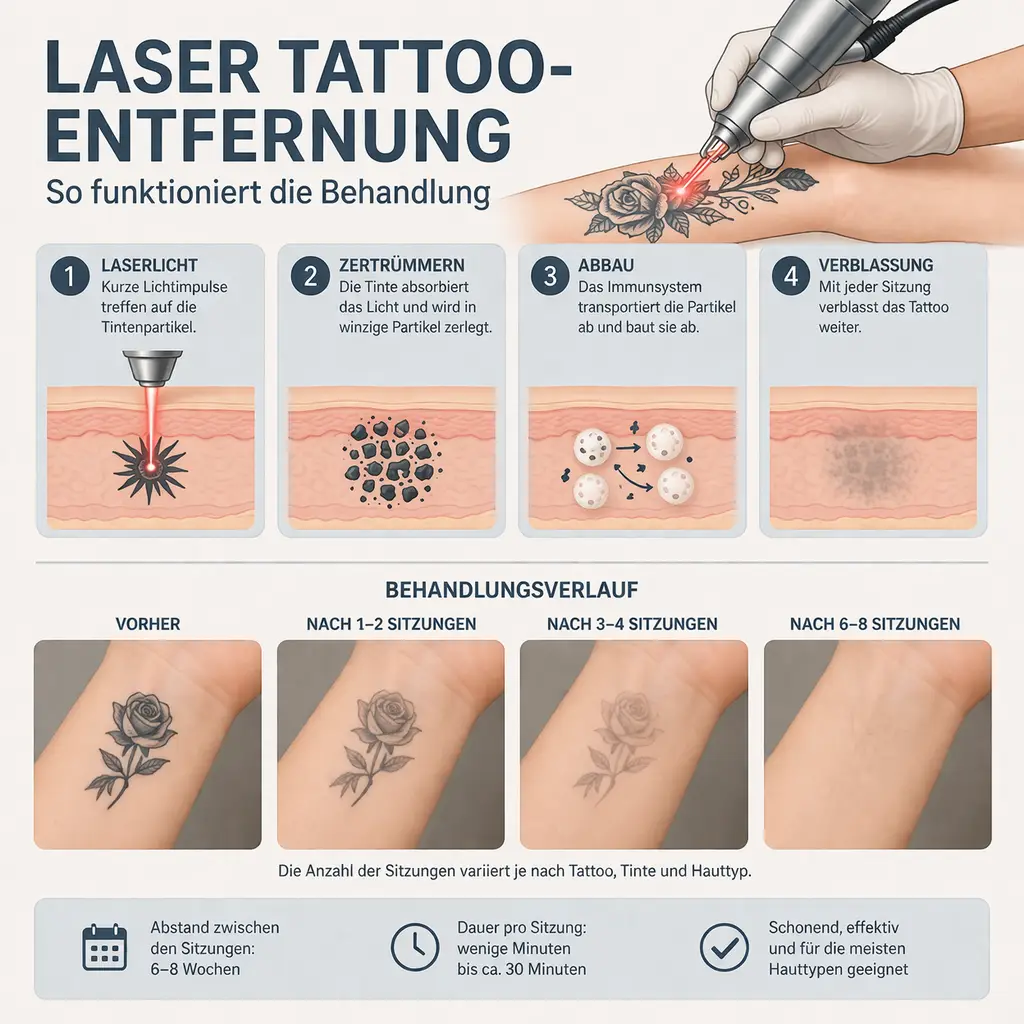 Infografik zur Laser-Tattooentfernung: Laserlicht trifft die Farbpigmente und zertrümmert sie, das Immunsystem baut sie ab, das Tattoo verblasst über mehrere Sitzungen – mit Behandlungsverlauf von vorher bis nach 6–8 Sitzungen